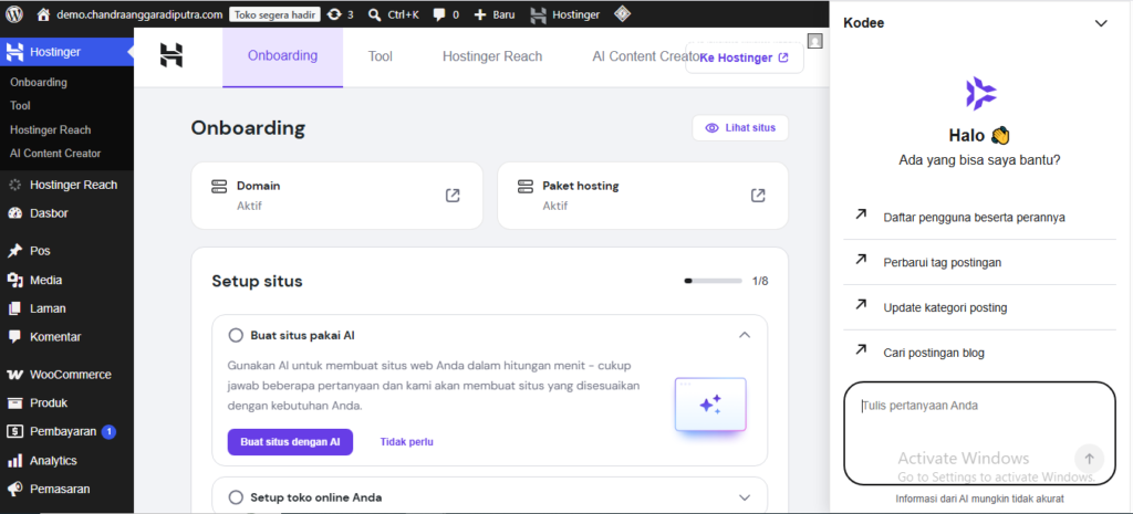 dashboard wordpress + ai agent kodee hostinger