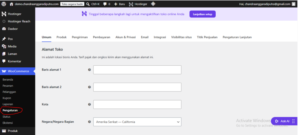 halaman admin woocommerce