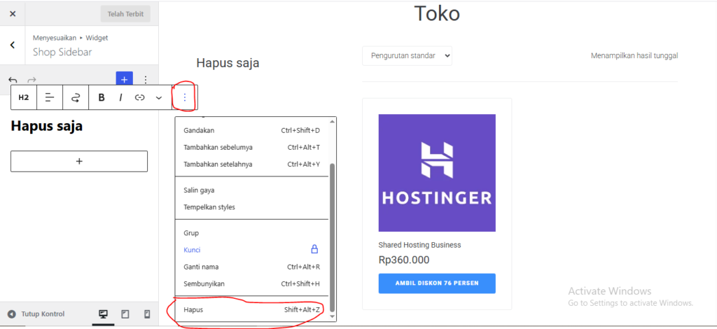 hapus widget wordpress