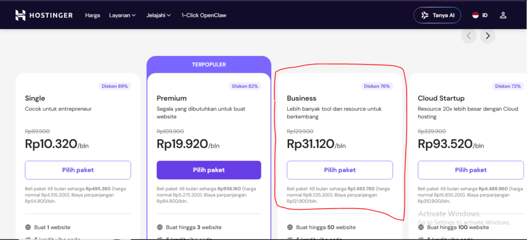 paket business hosting hostinger